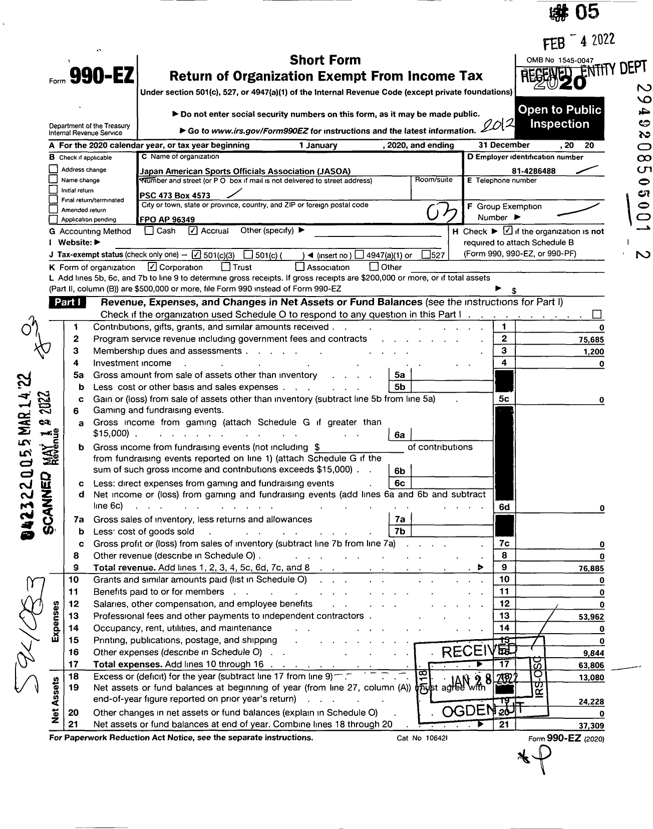 Image of first page of 2020 Form 990EZ for Japan American Sports Officials Association (JASOA)