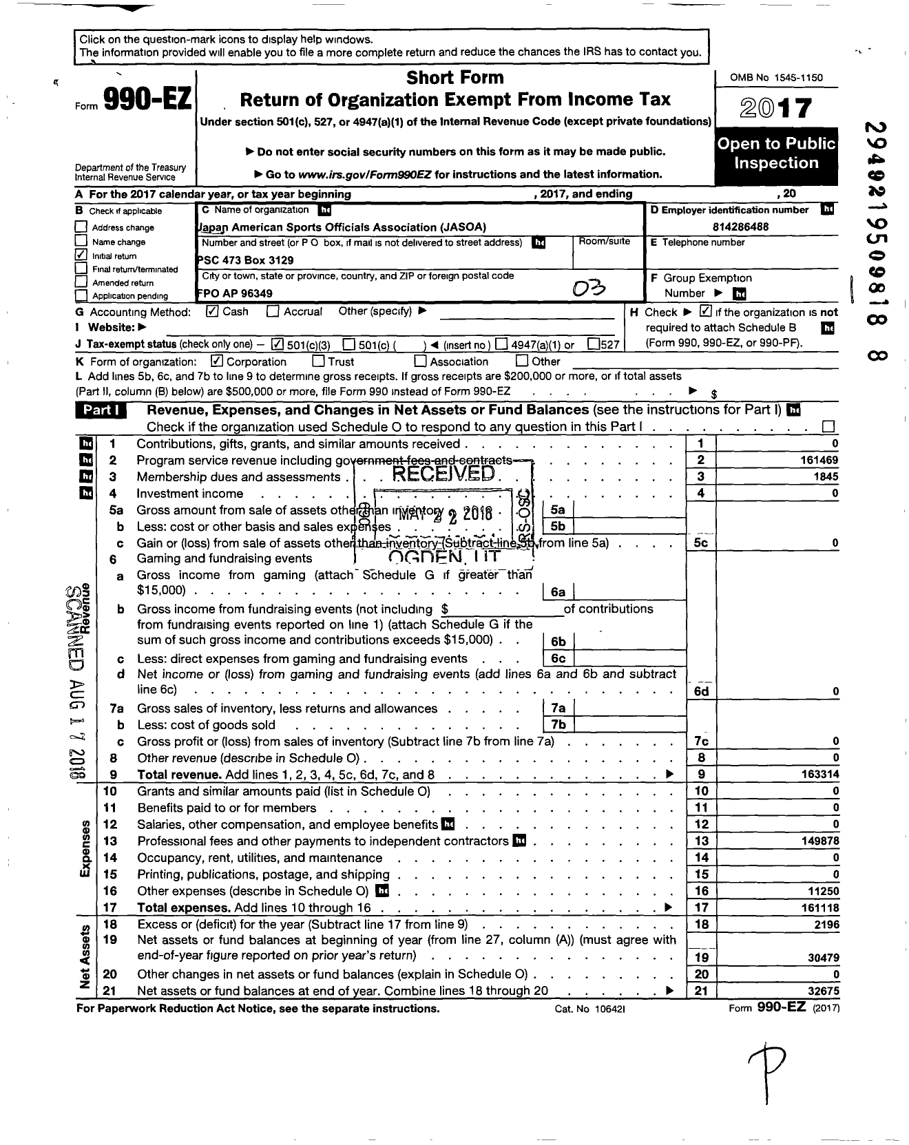 Image of first page of 2017 Form 990EZ for Japan American Sports Officials Association (JASOA)