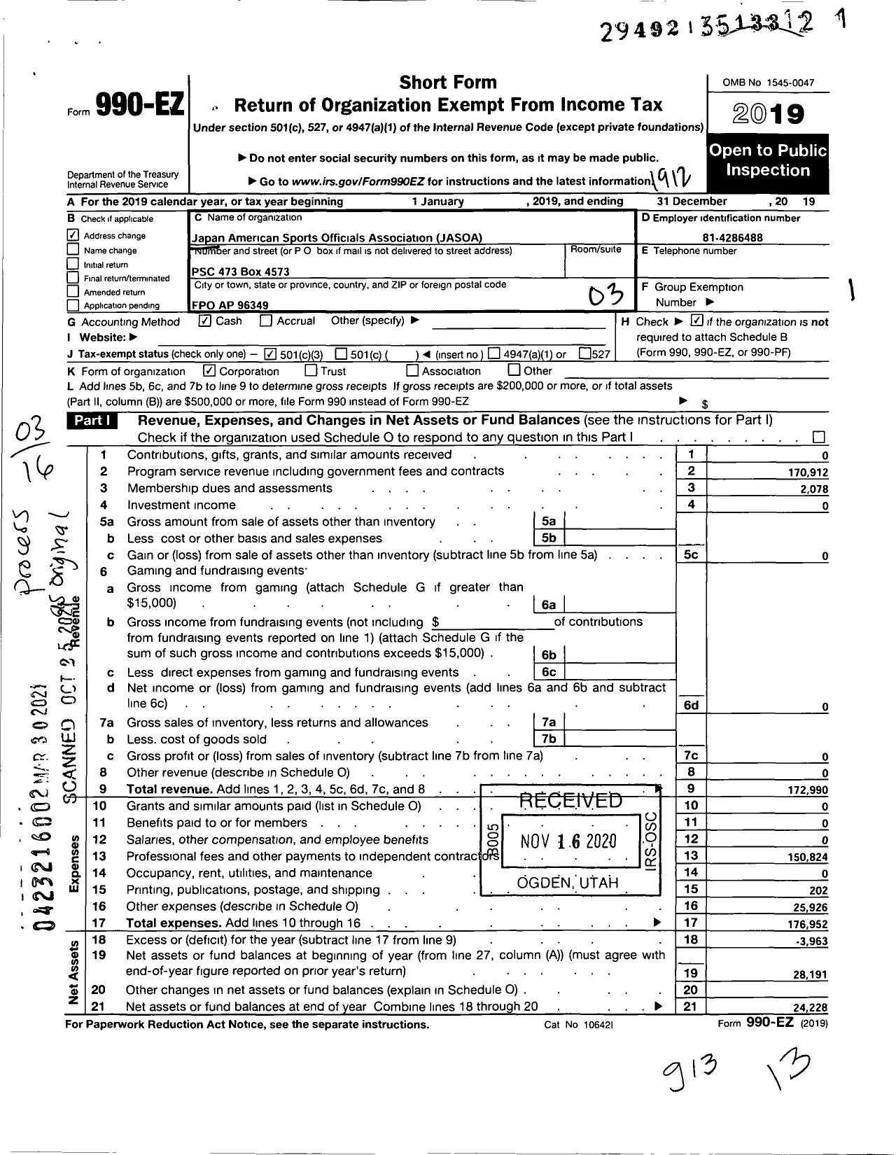 Image of first page of 2019 Form 990EZ for Japan American Sports Officials Association (JASOA)