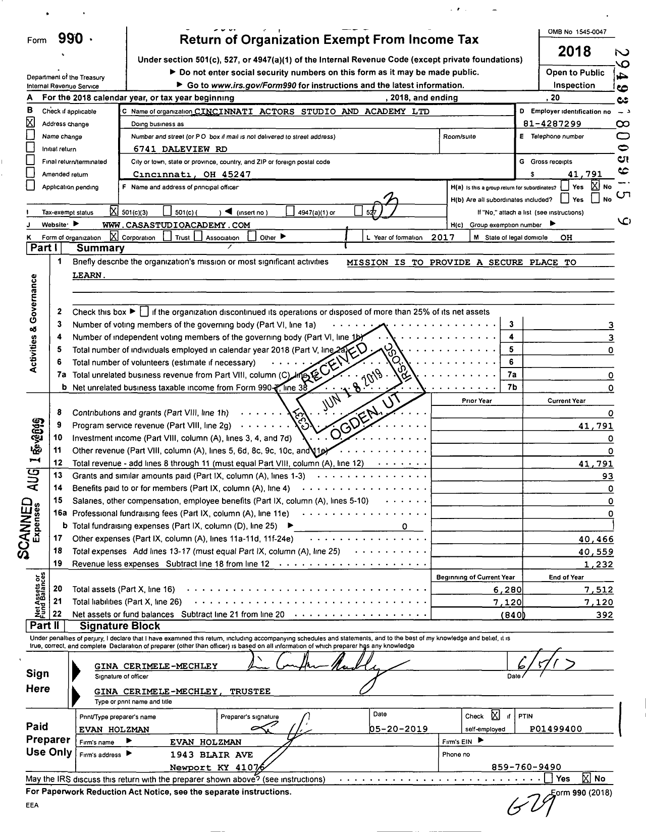Image of first page of 2018 Form 990 for Cincinnati Actors Studio and Academy