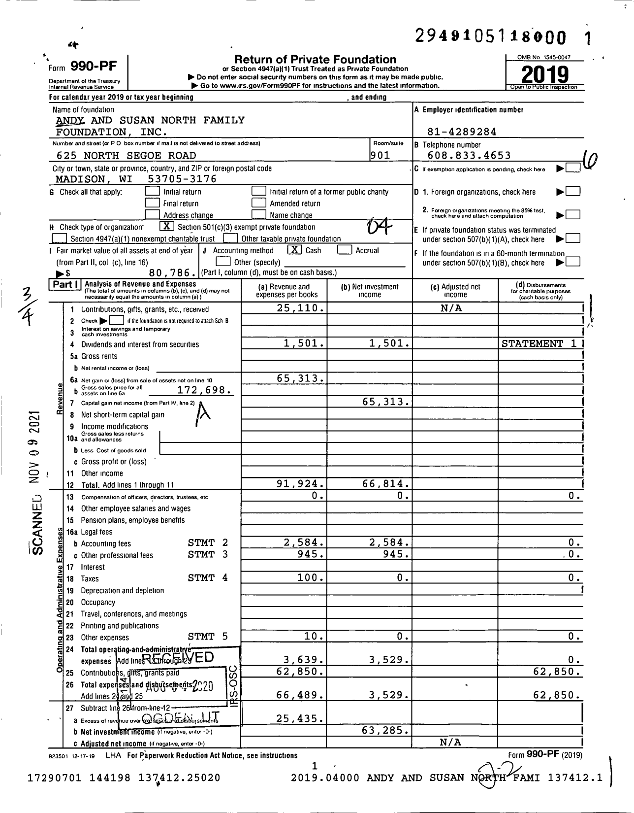 Image of first page of 2019 Form 990PF for Andy and Susan North Family Foundation