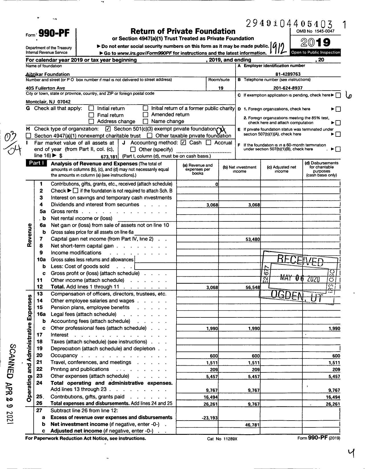 Image of first page of 2019 Form 990PF for Aibtikar Foundation