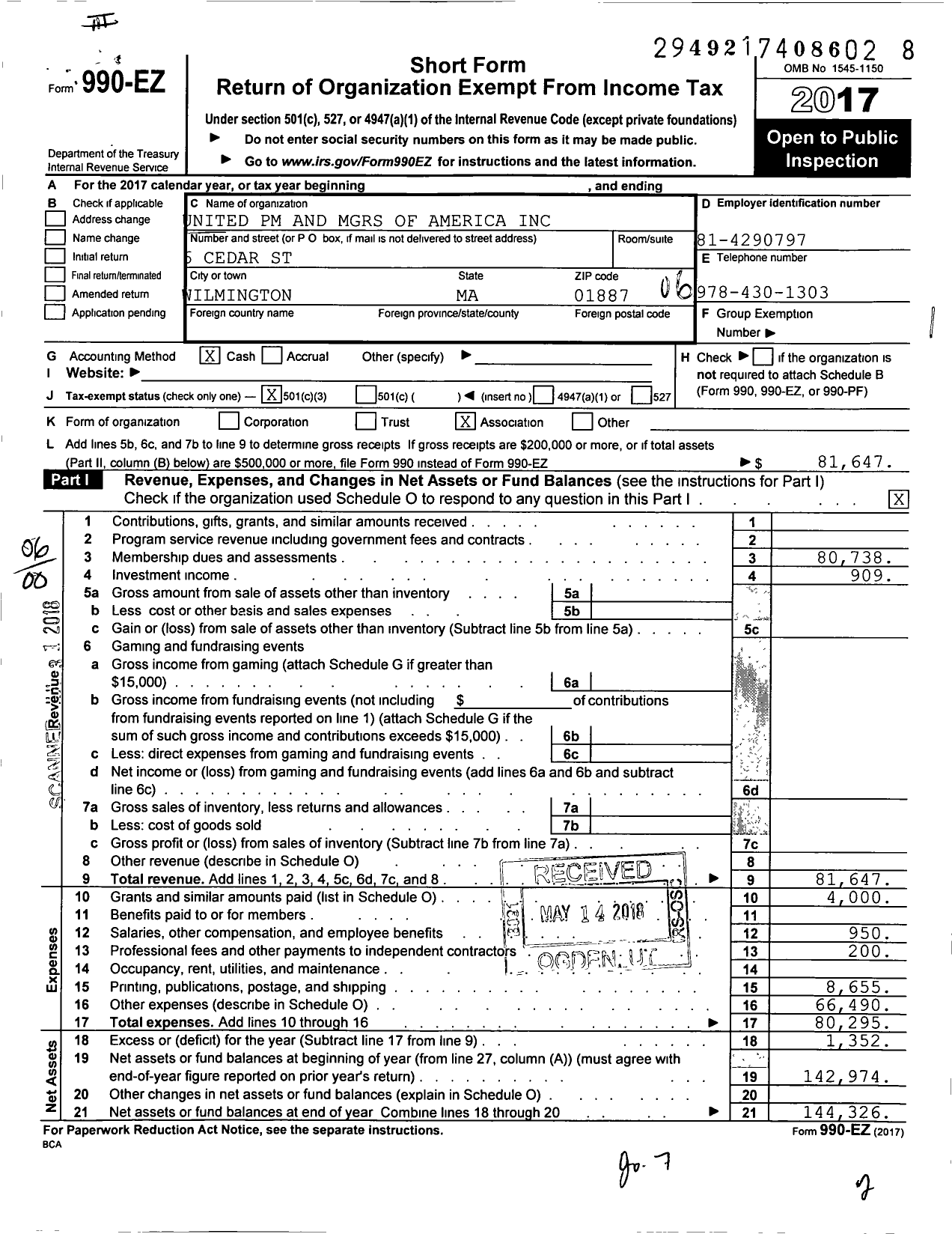 Image of first page of 2017 Form 990EO for United PM and MGRS of America Massachusetts Chapther