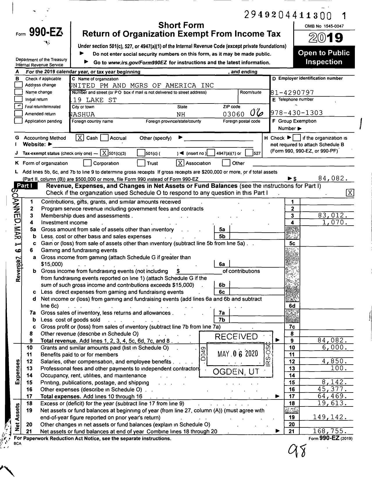 Image of first page of 2019 Form 990EO for United PM and MGRS of America Massachusetts Chapter