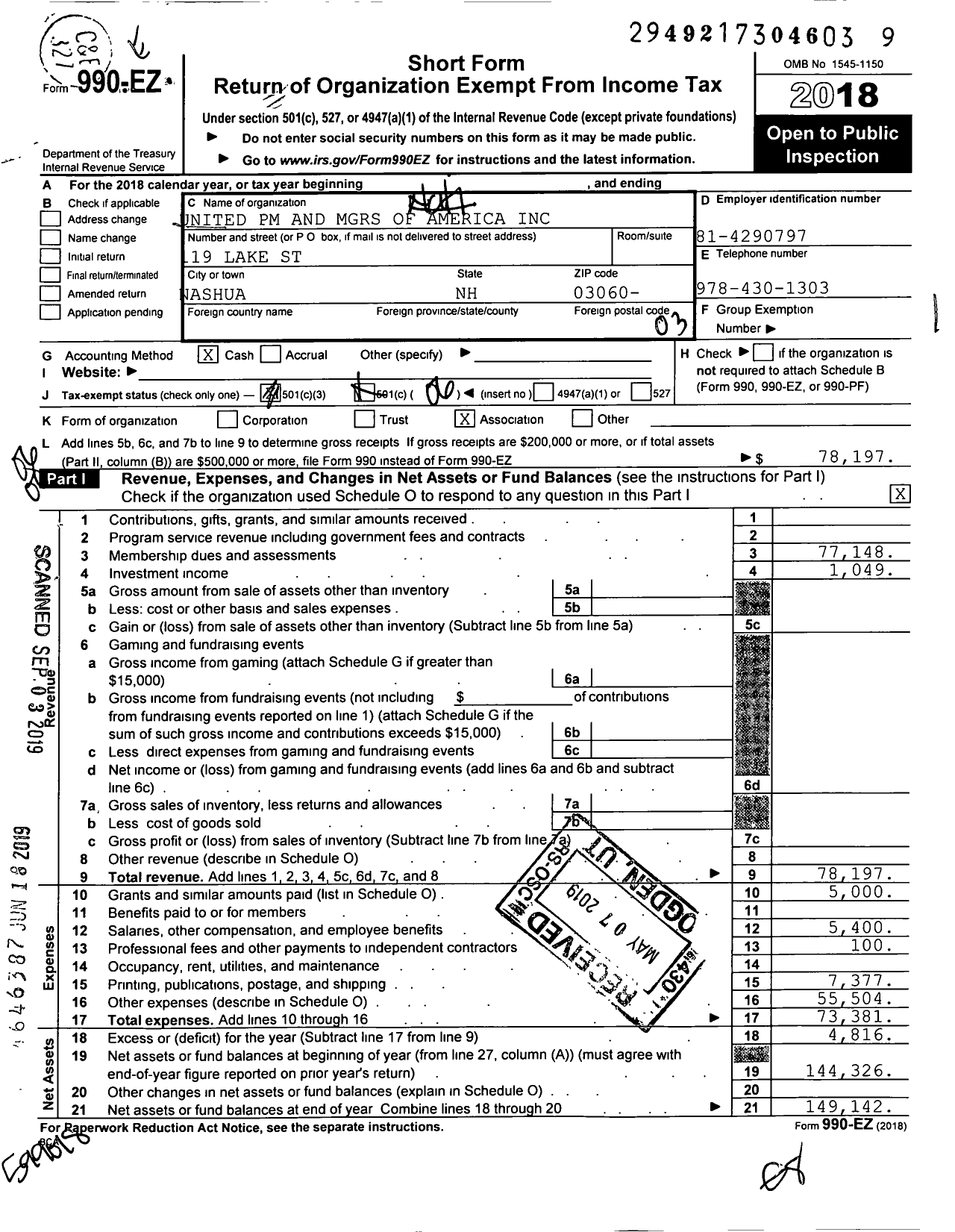 Image of first page of 2018 Form 990EO for United PM and MGRS of America Massachusetts Chapter