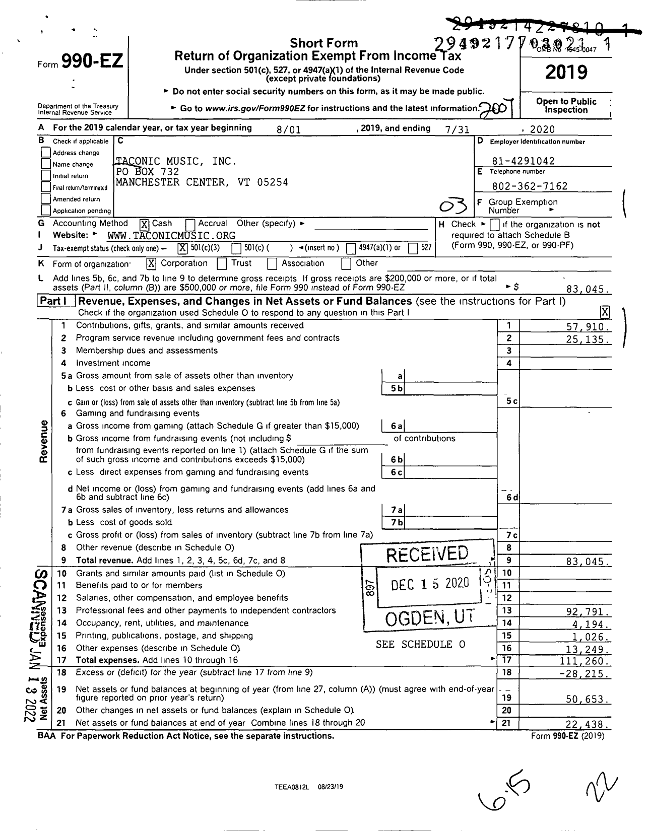 Image of first page of 2019 Form 990EZ for Taconic Music