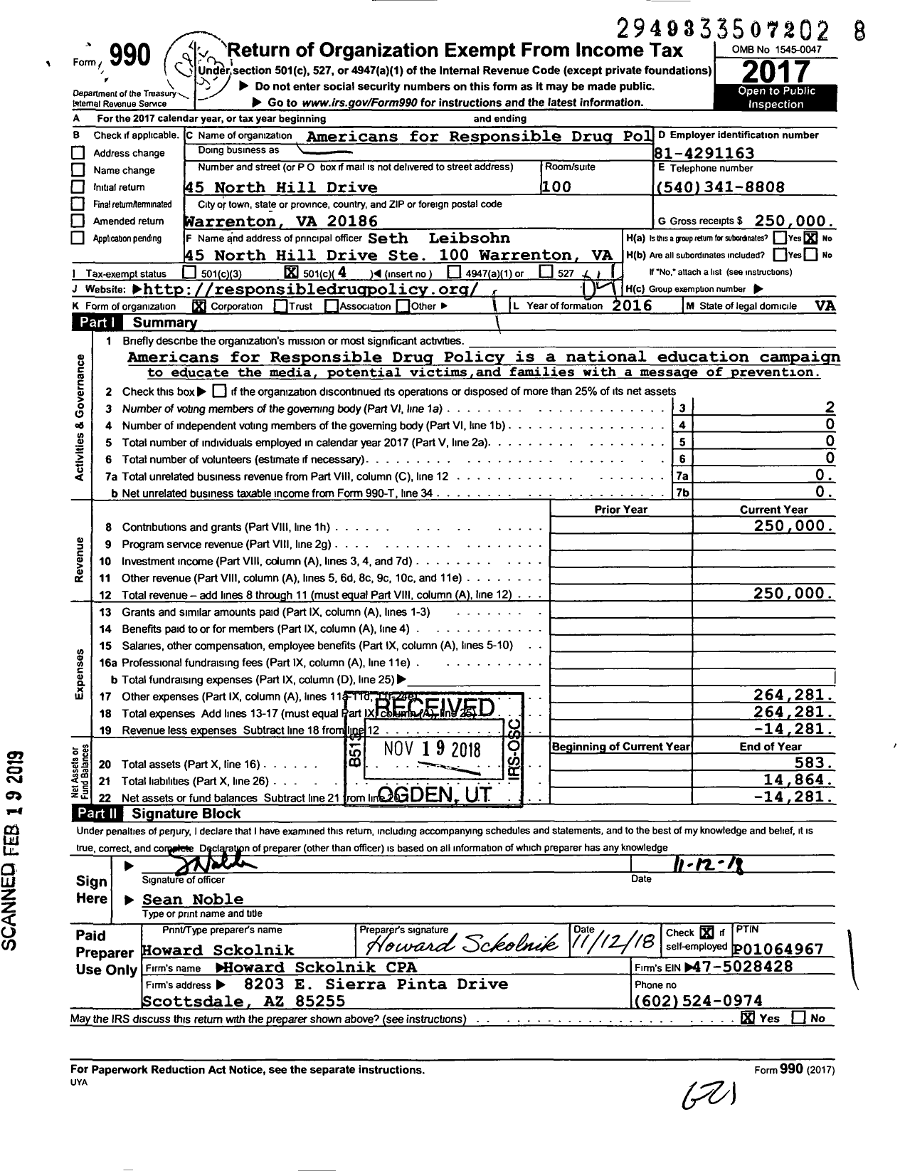 Image of first page of 2017 Form 990O for Americans for Responsible Drug Policy