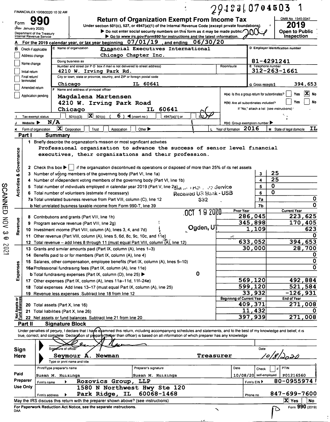 Image of first page of 2019 Form 990O for Financial Executives International Chicago Chapter