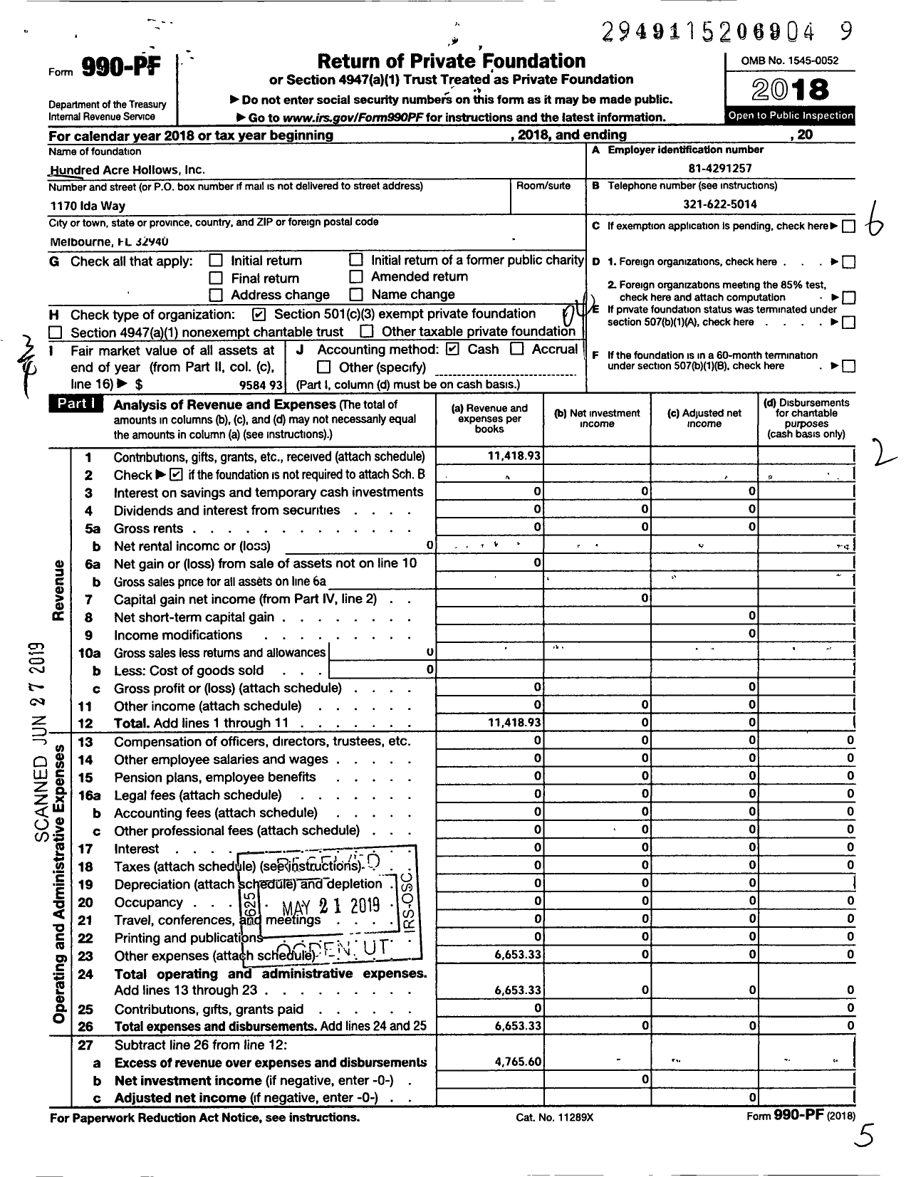 Image of first page of 2018 Form 990PF for Hundred Acre Hollows