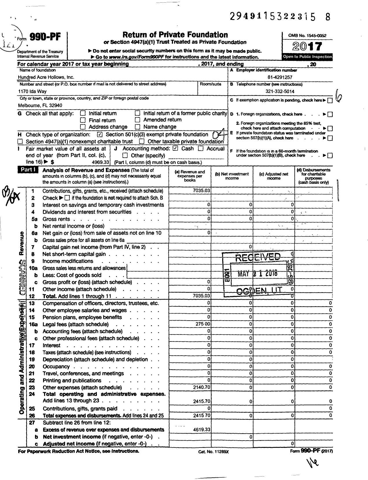 Image of first page of 2017 Form 990PF for Hundred Acre Hollows