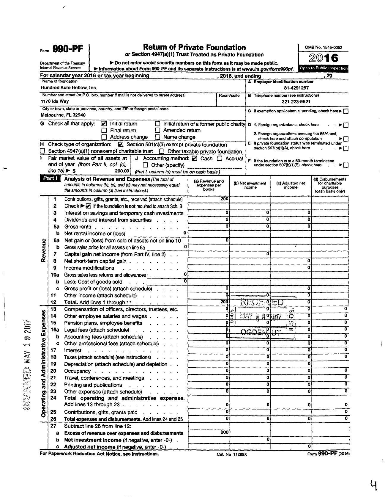 Image of first page of 2016 Form 990PF for Hundred Acre Hollows