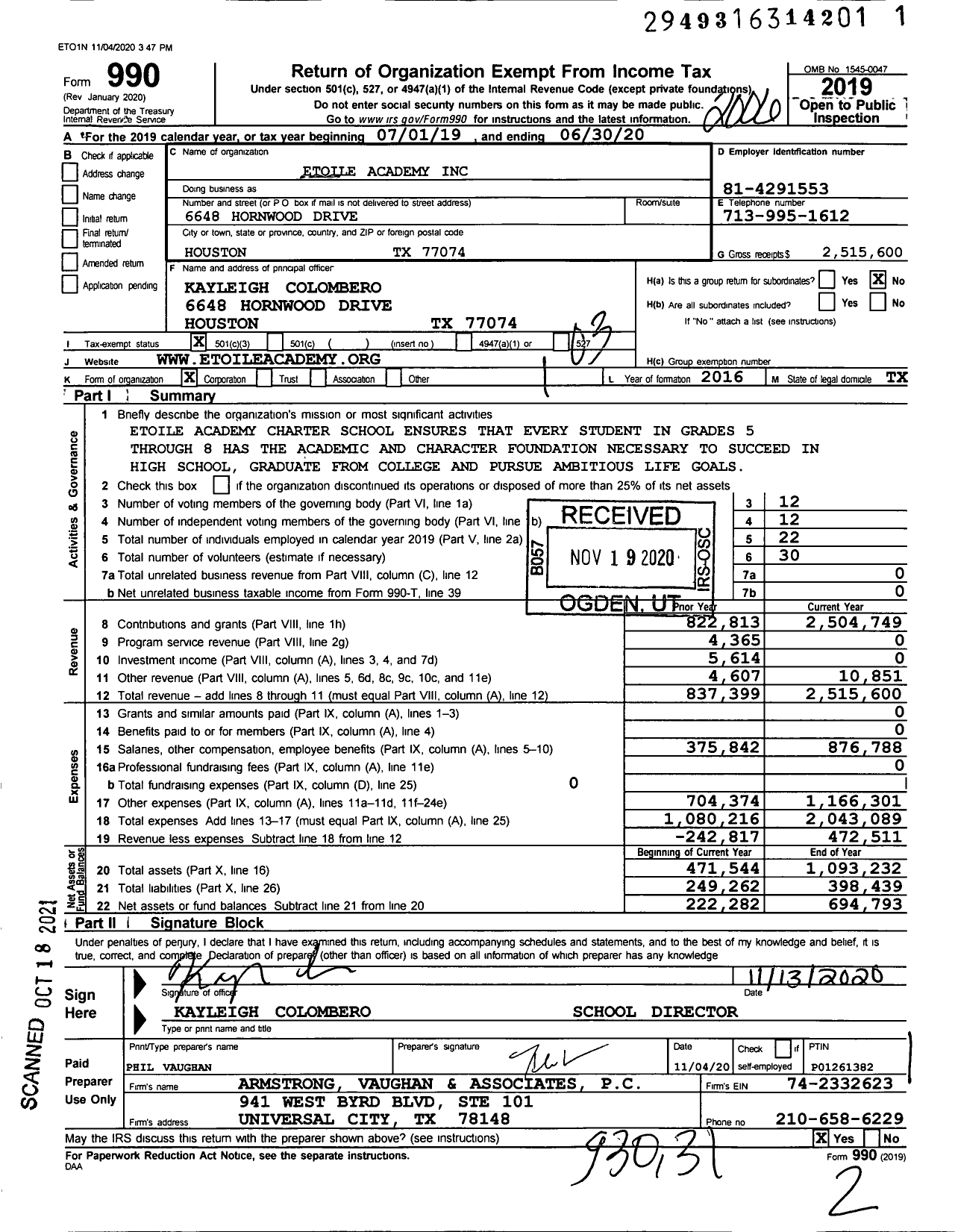 Image of first page of 2019 Form 990 for Etoile Academy