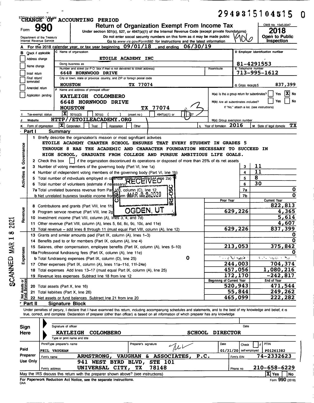 Image of first page of 2018 Form 990 for Etoile Academy