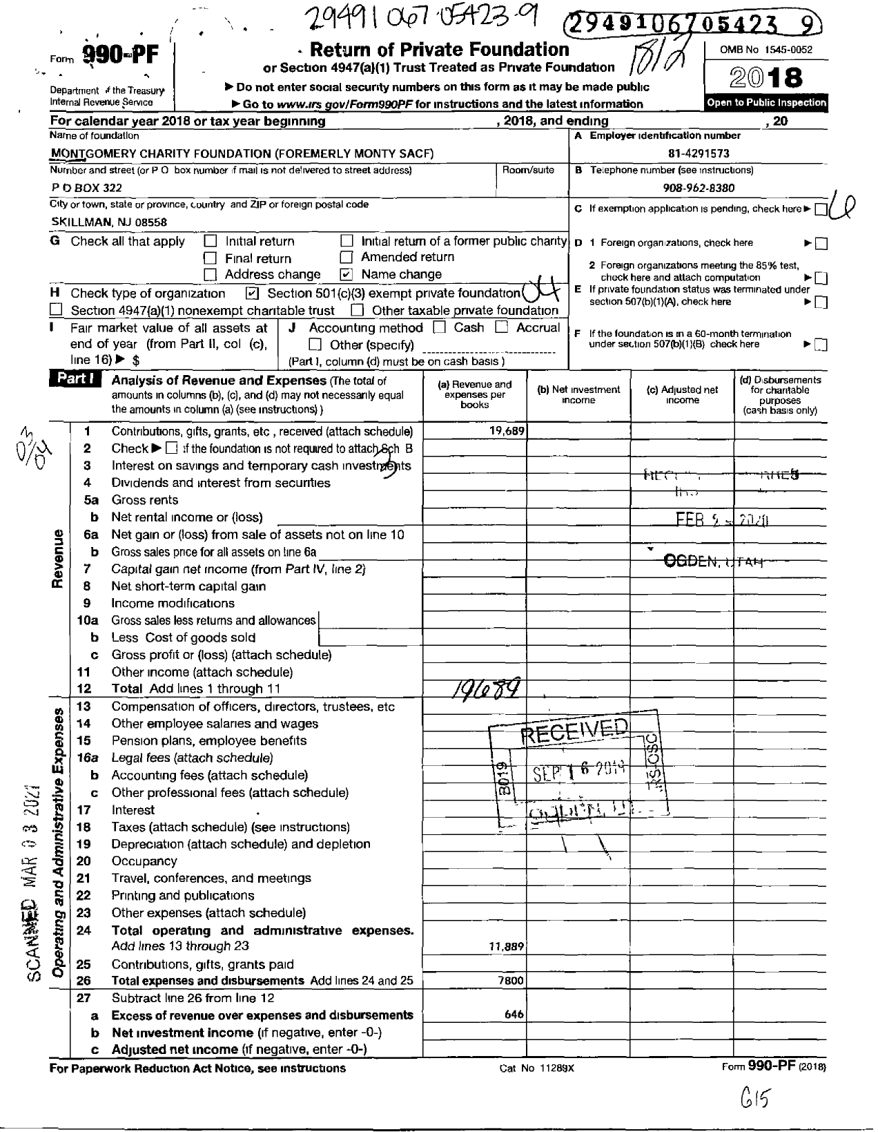 Image of first page of 2018 Form 990PF for Montgomery Charity Foundation