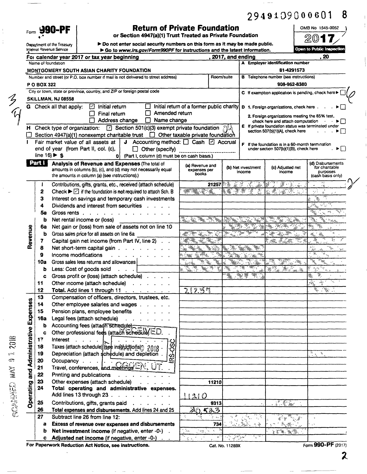 Image of first page of 2017 Form 990PF for Montgomery Charity Foundation