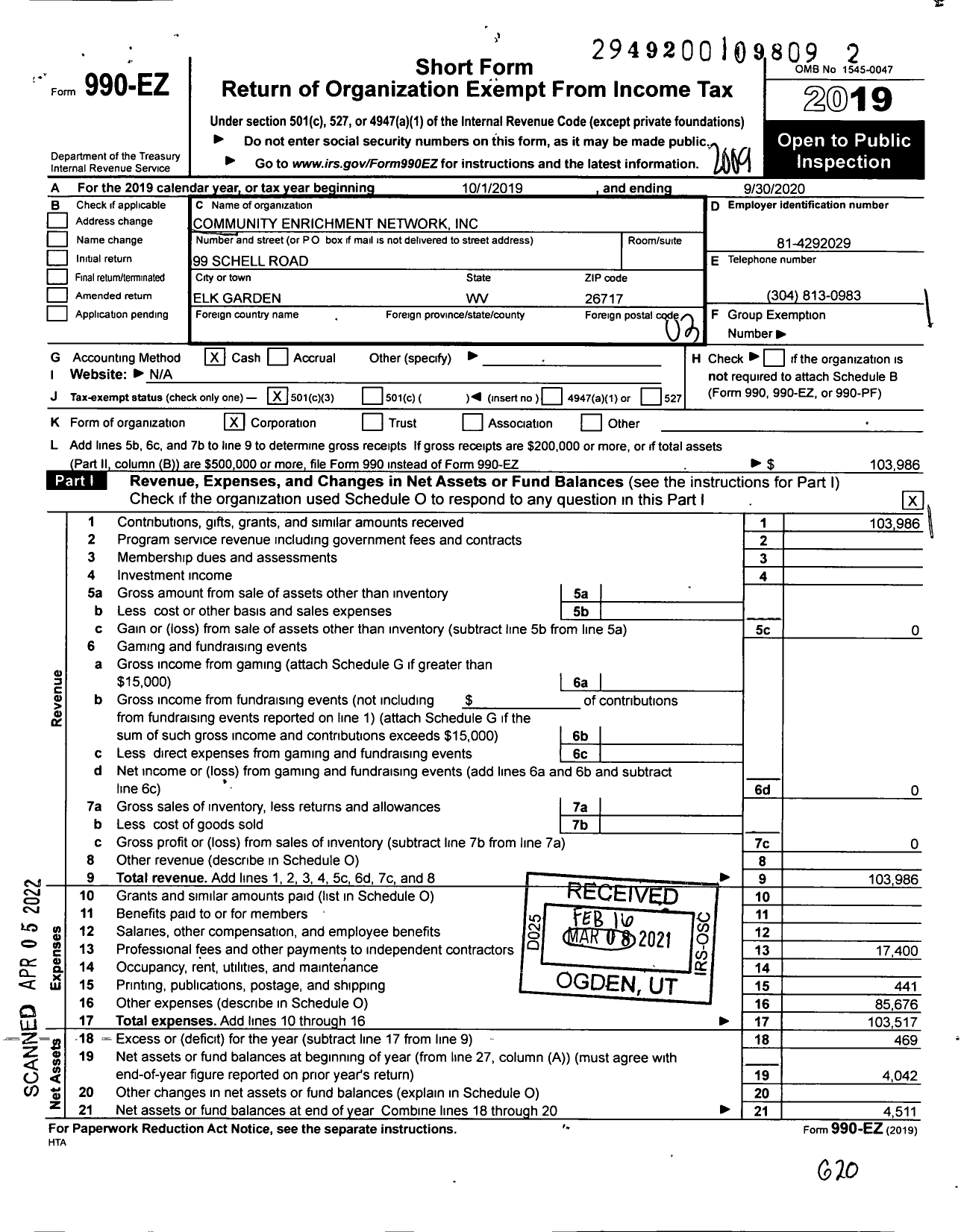 Image of first page of 2019 Form 990EZ for Community Enrichment Network