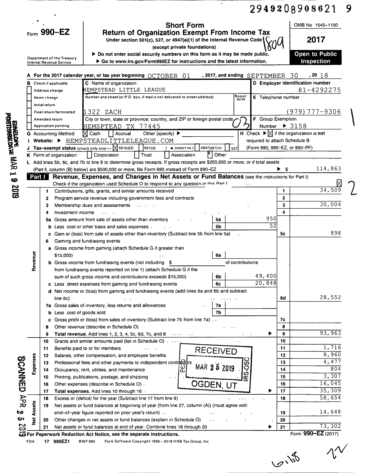 Image of first page of 2017 Form 990EZ for Little League Baseball - 3431329 Hempstead LL