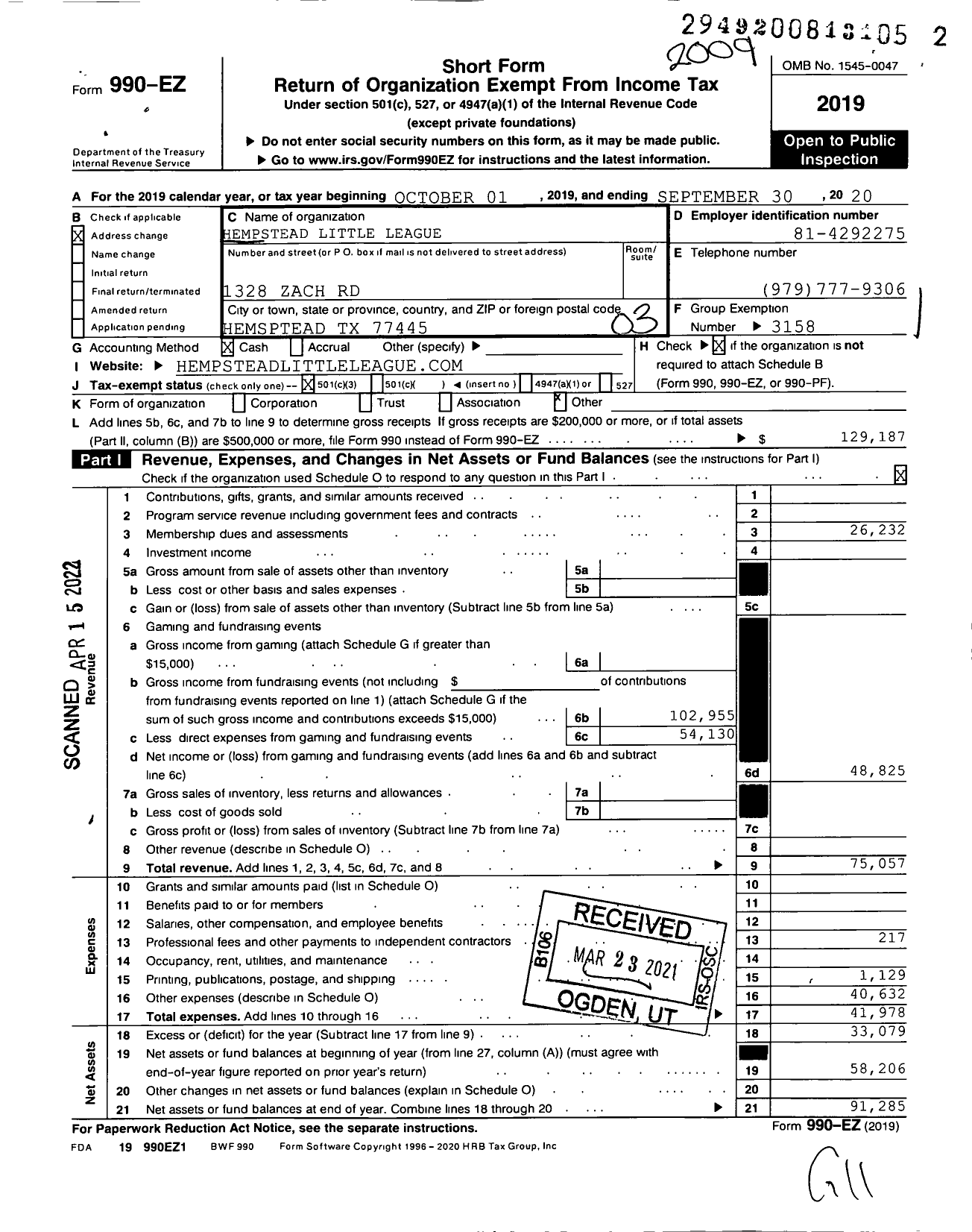 Image of first page of 2019 Form 990EZ for Little League Baseball - 3431329 Hempstead LL