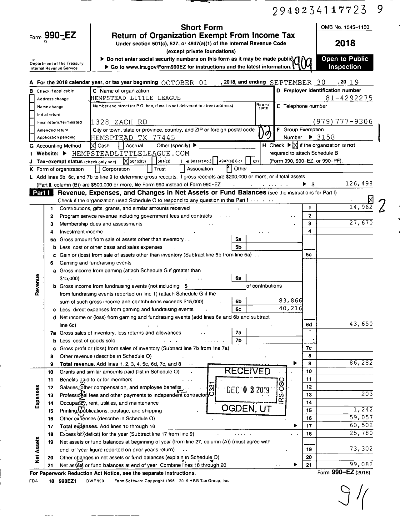 Image of first page of 2018 Form 990EZ for Little League Baseball - 3431329 Hempstead LL