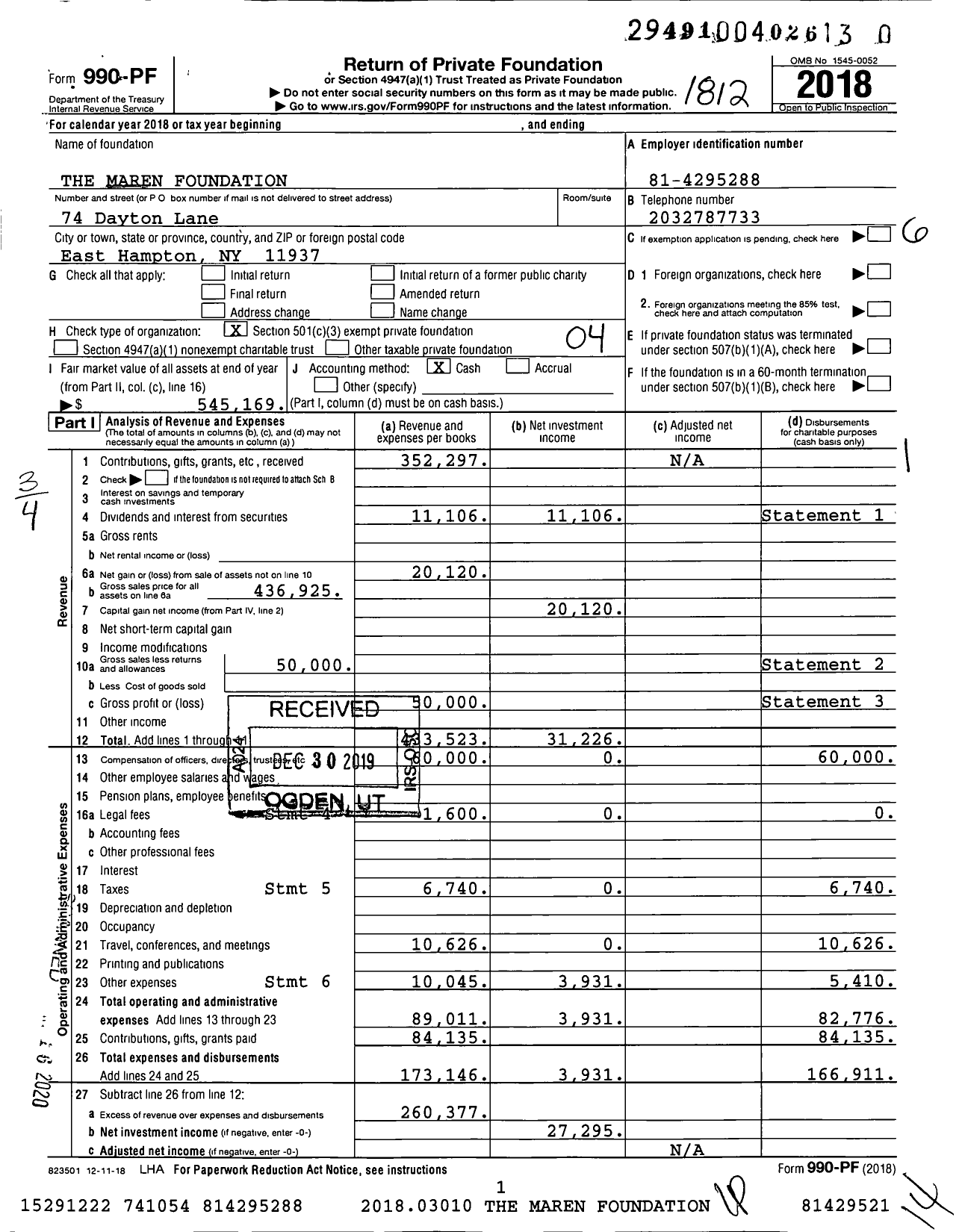 Image of first page of 2018 Form 990PR for The Maren Foundation