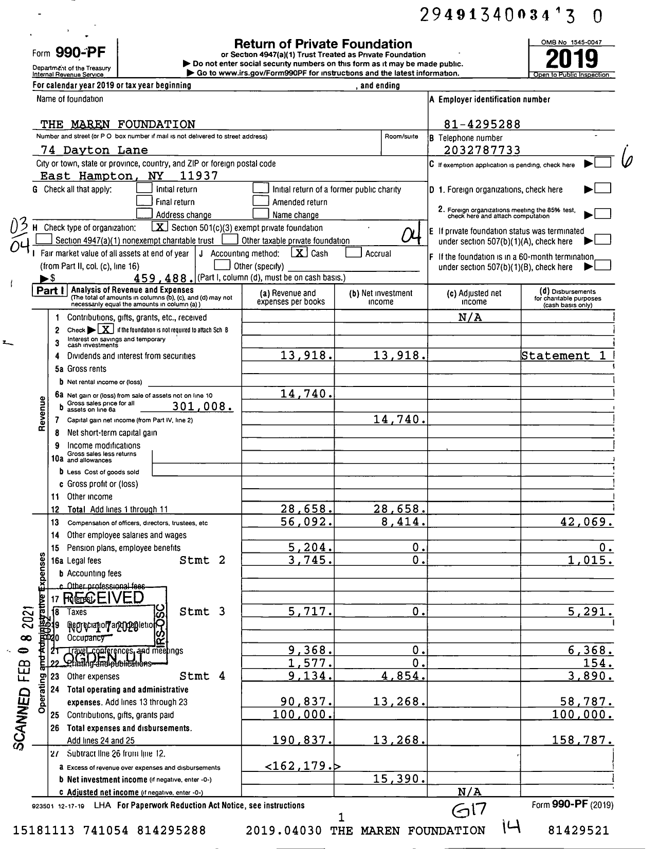 Image of first page of 2019 Form 990PF for The Maren Foundation