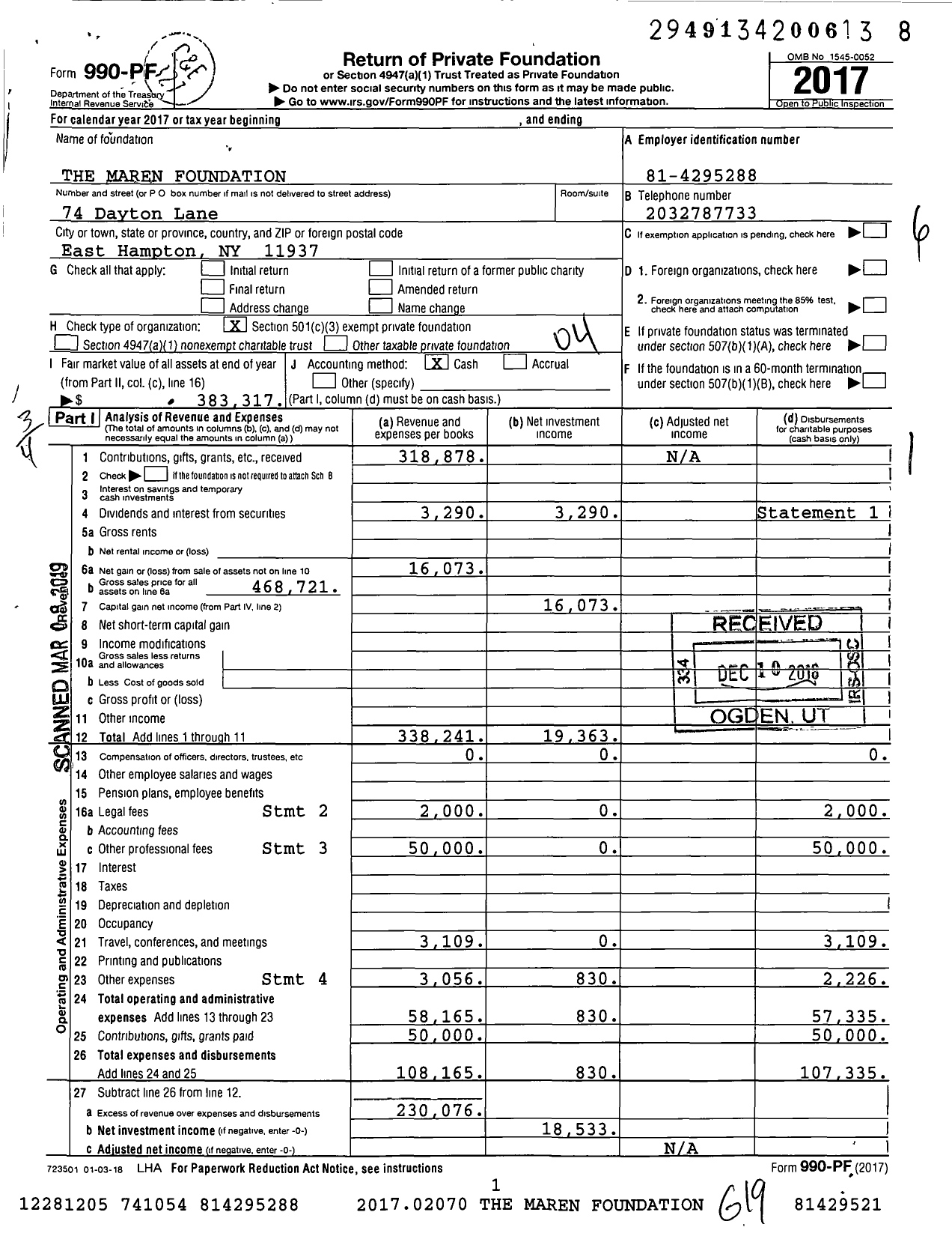Image of first page of 2017 Form 990PF for The Maren Foundation