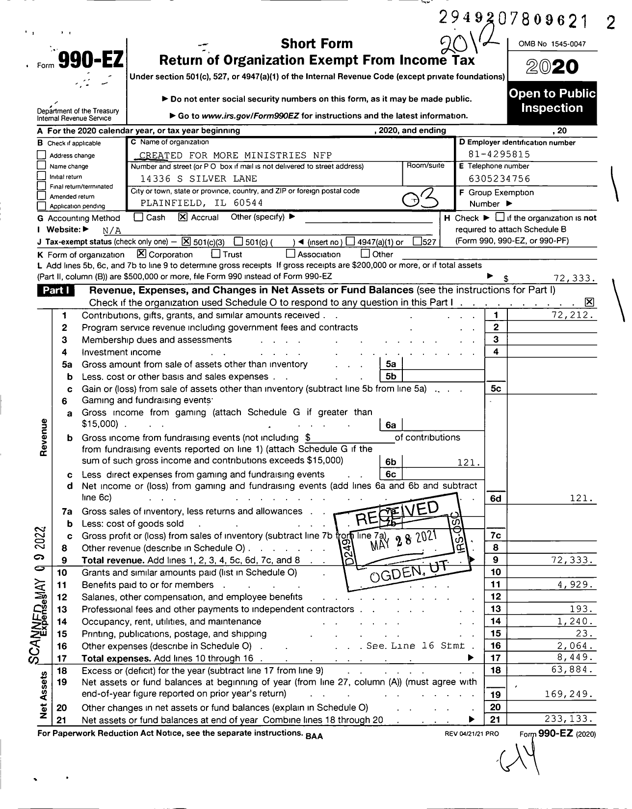 Image of first page of 2020 Form 990EZ for Created for More Ministries NFP