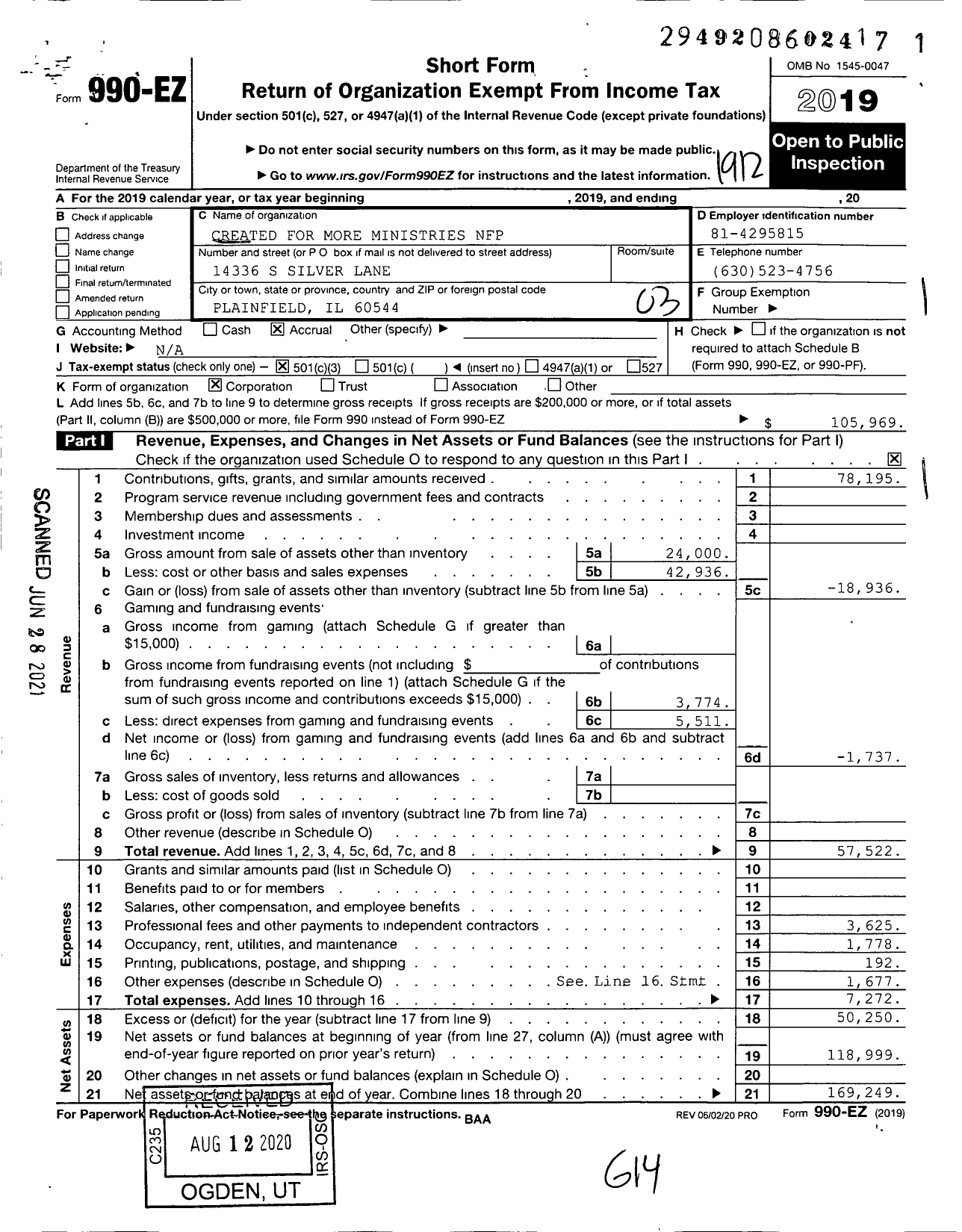 Image of first page of 2019 Form 990EZ for Created for More Ministries NFP