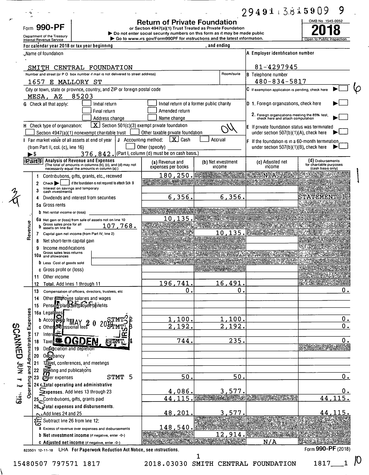 Image of first page of 2018 Form 990PF for Smith Central Foundation