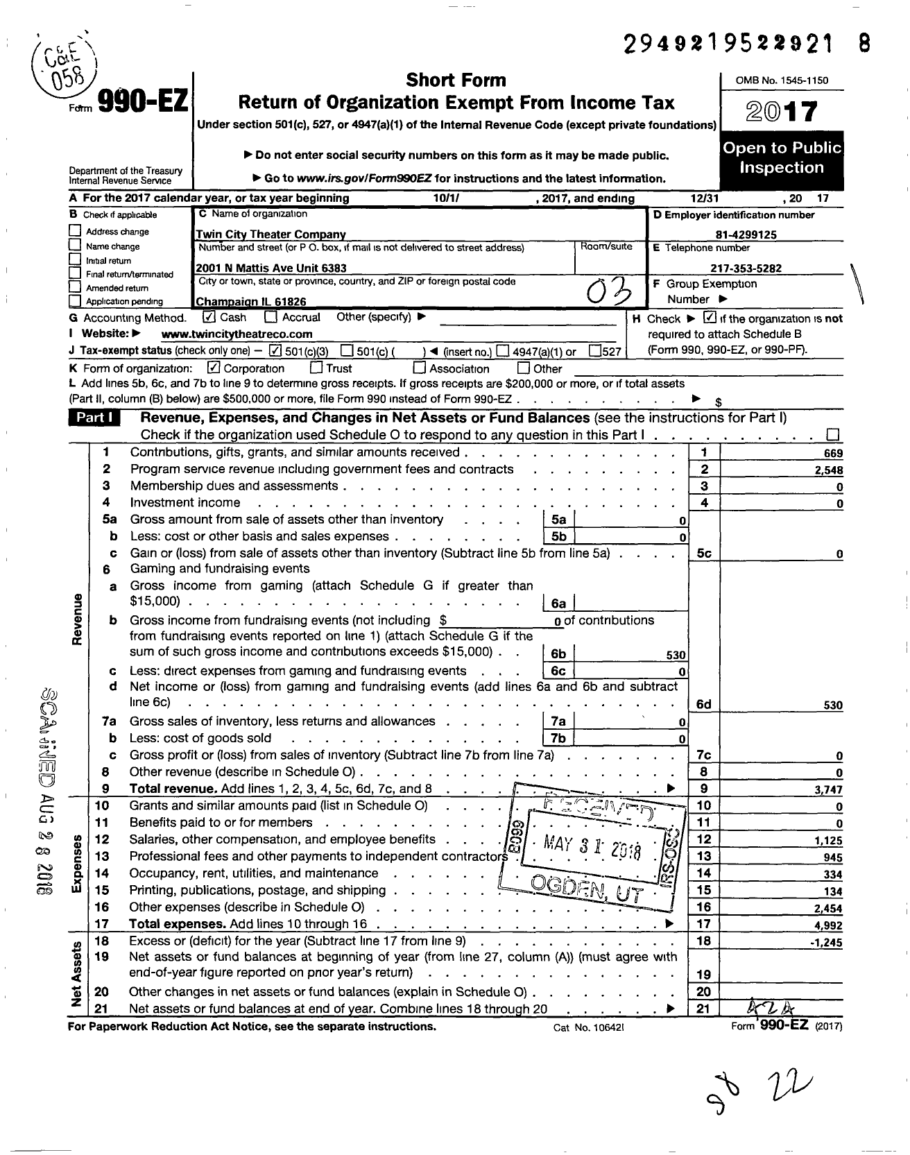 Image of first page of 2017 Form 990EZ for Twin City Theatre Company