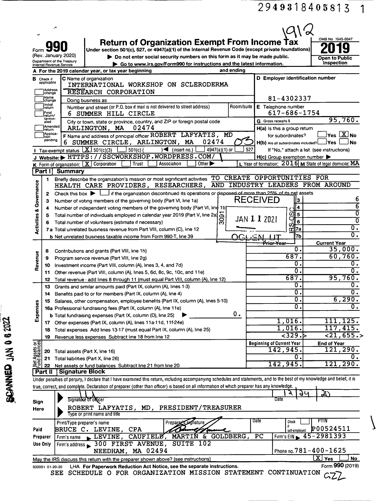 Image of first page of 2019 Form 990 for International Workshop on Scleroderma Research Corporation