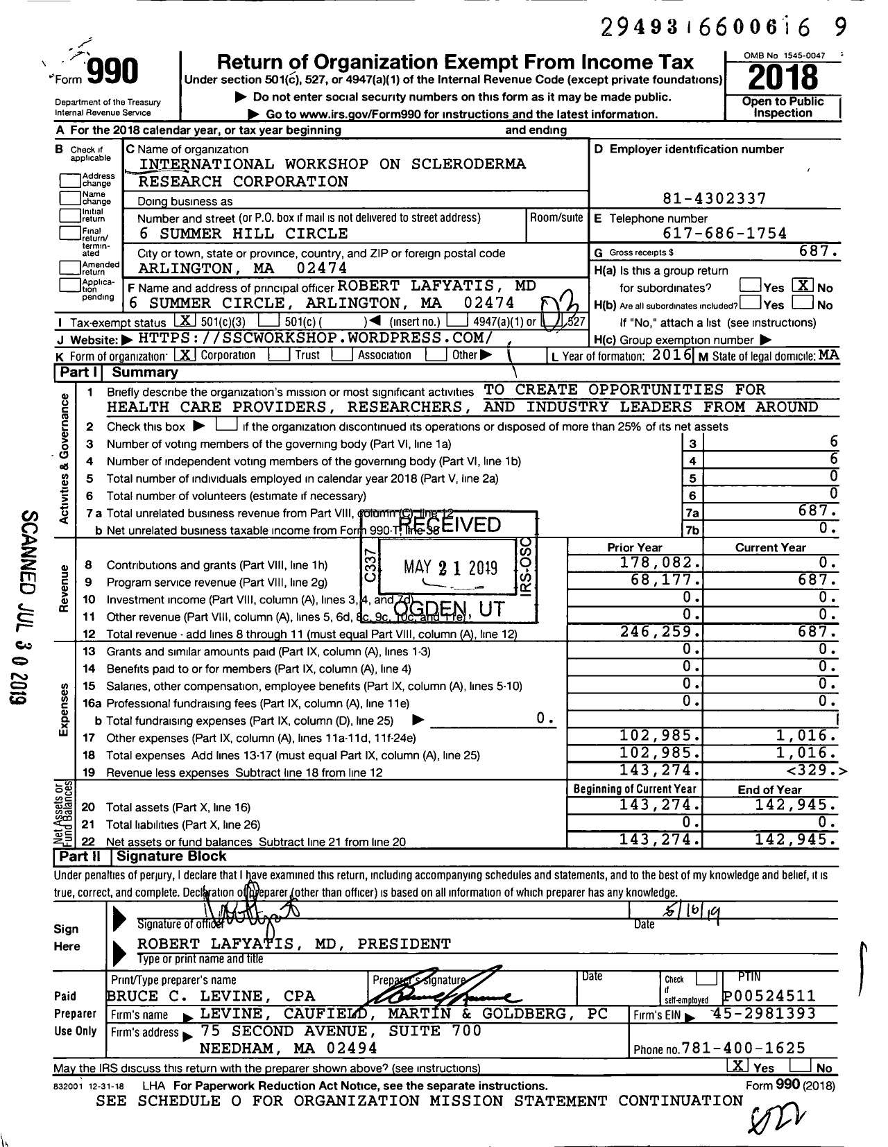 Image of first page of 2018 Form 990 for International Workshop on Scleroderma Research Corporation