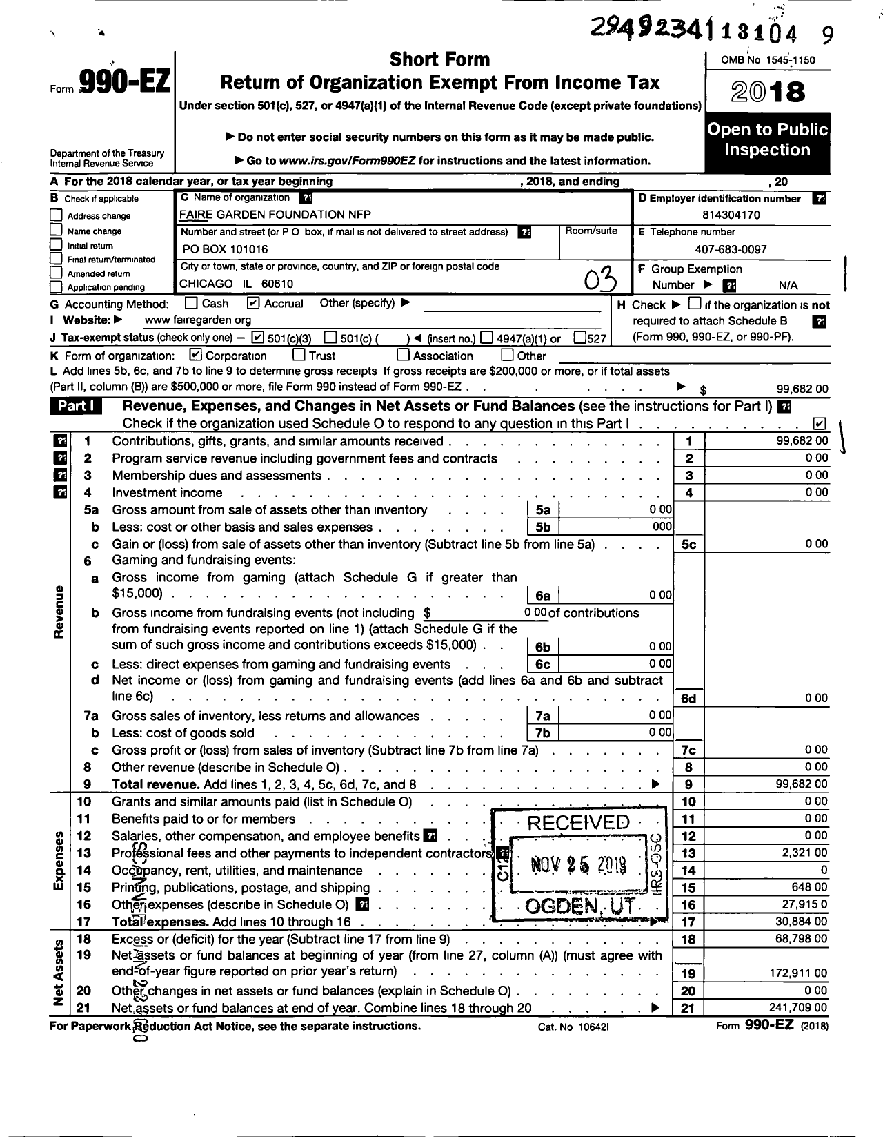 Image of first page of 2018 Form 990EZ for FAIRE Garden Foundation NFP