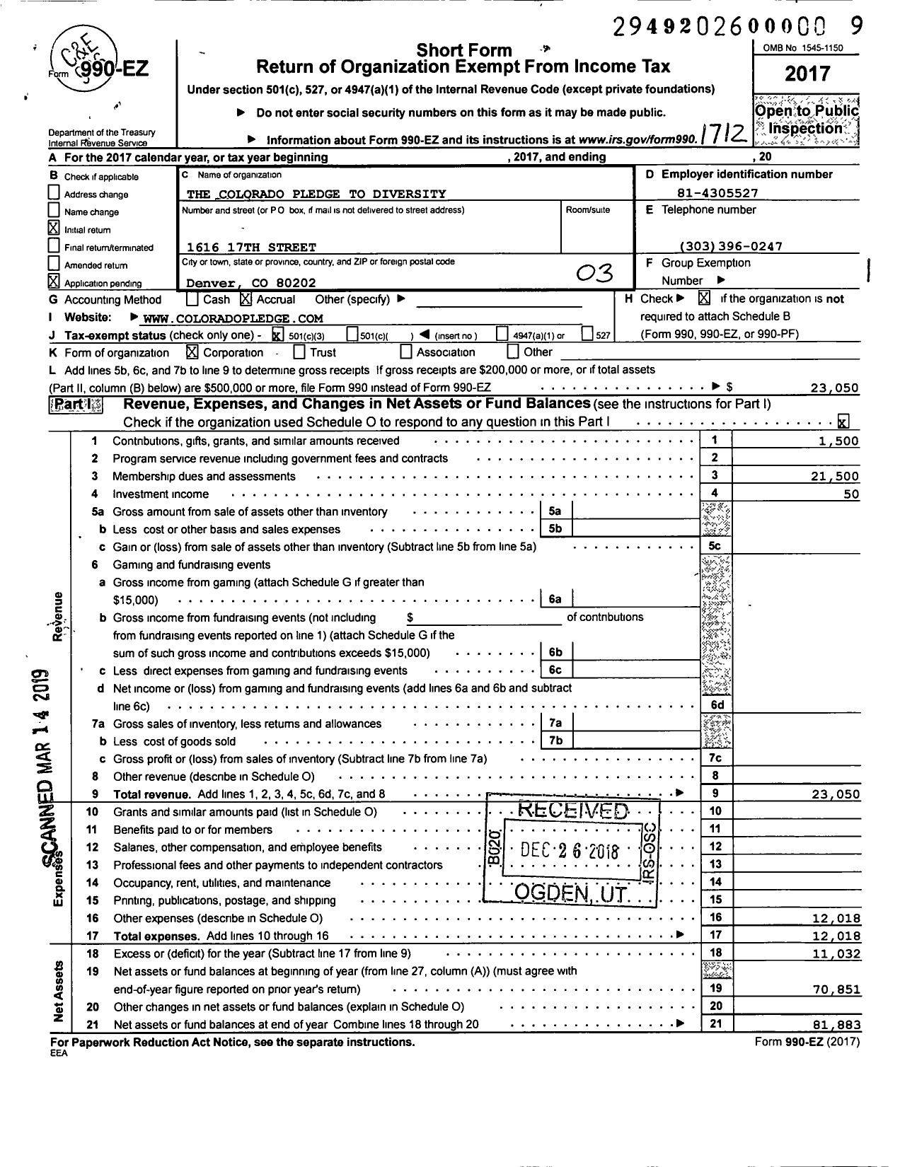 Image of first page of 2017 Form 990EZ for Colorado Pledge To Diversity