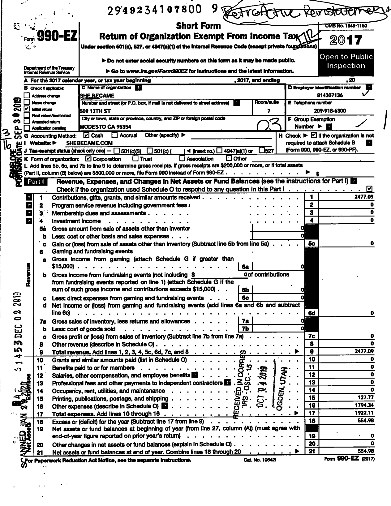 Image of first page of 2017 Form 990EZ for She Became