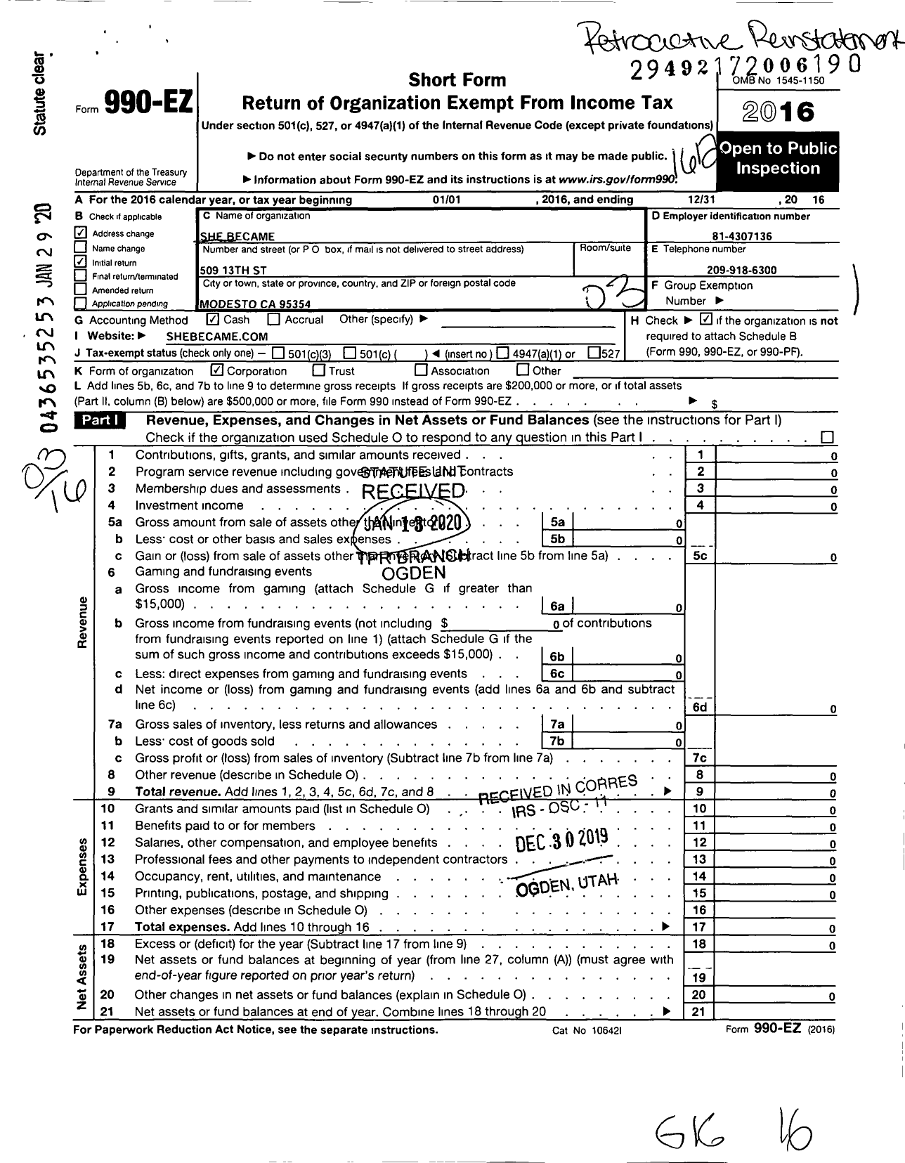 Image of first page of 2016 Form 990EZ for She Became