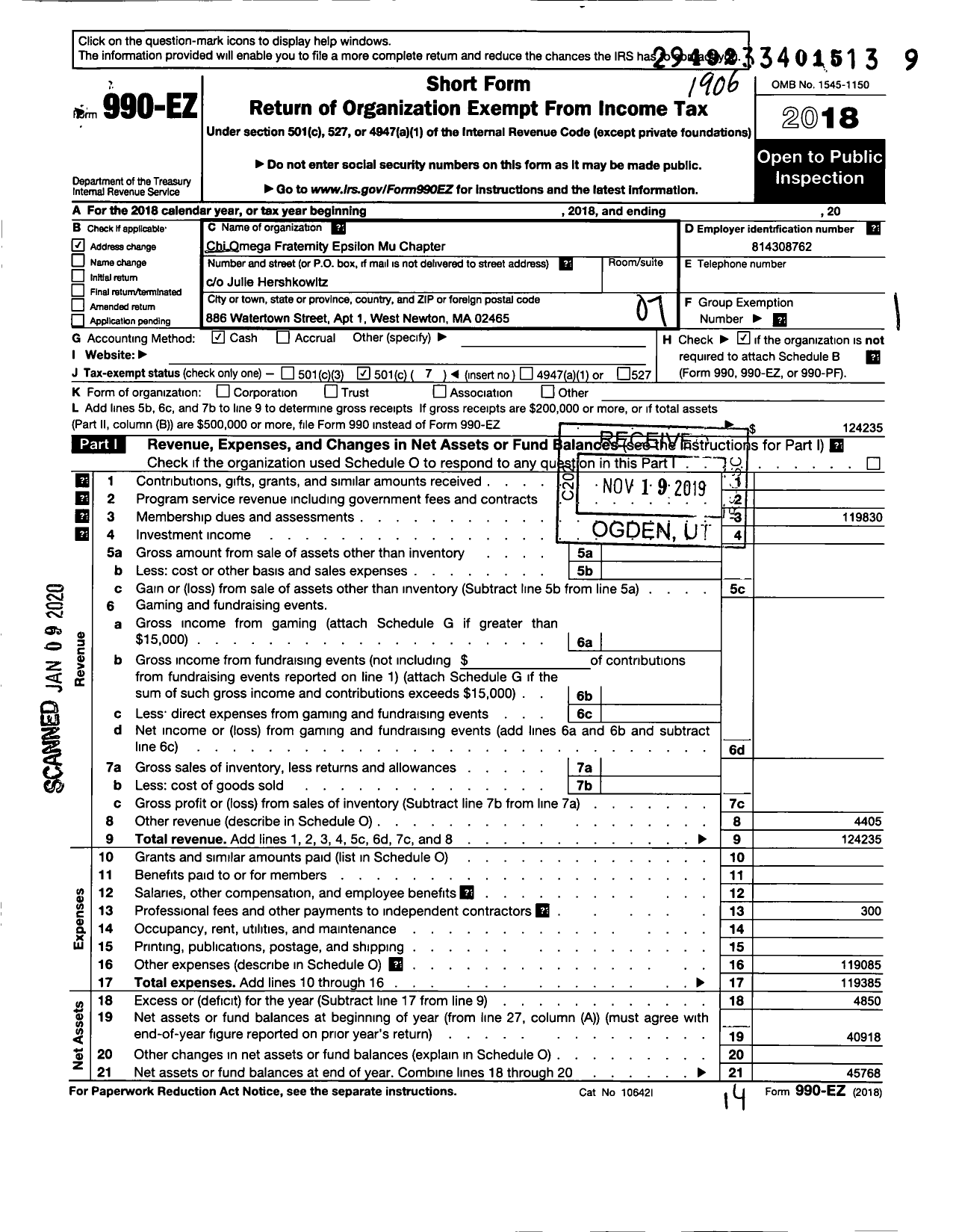 Image of first page of 2018 Form 990EO for Chi Omega Fraternity - Epsilon Mu Chapter