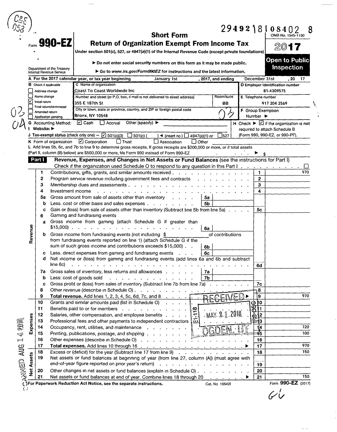 Image of first page of 2017 Form 990EZ for Coast To Coast Worldwide