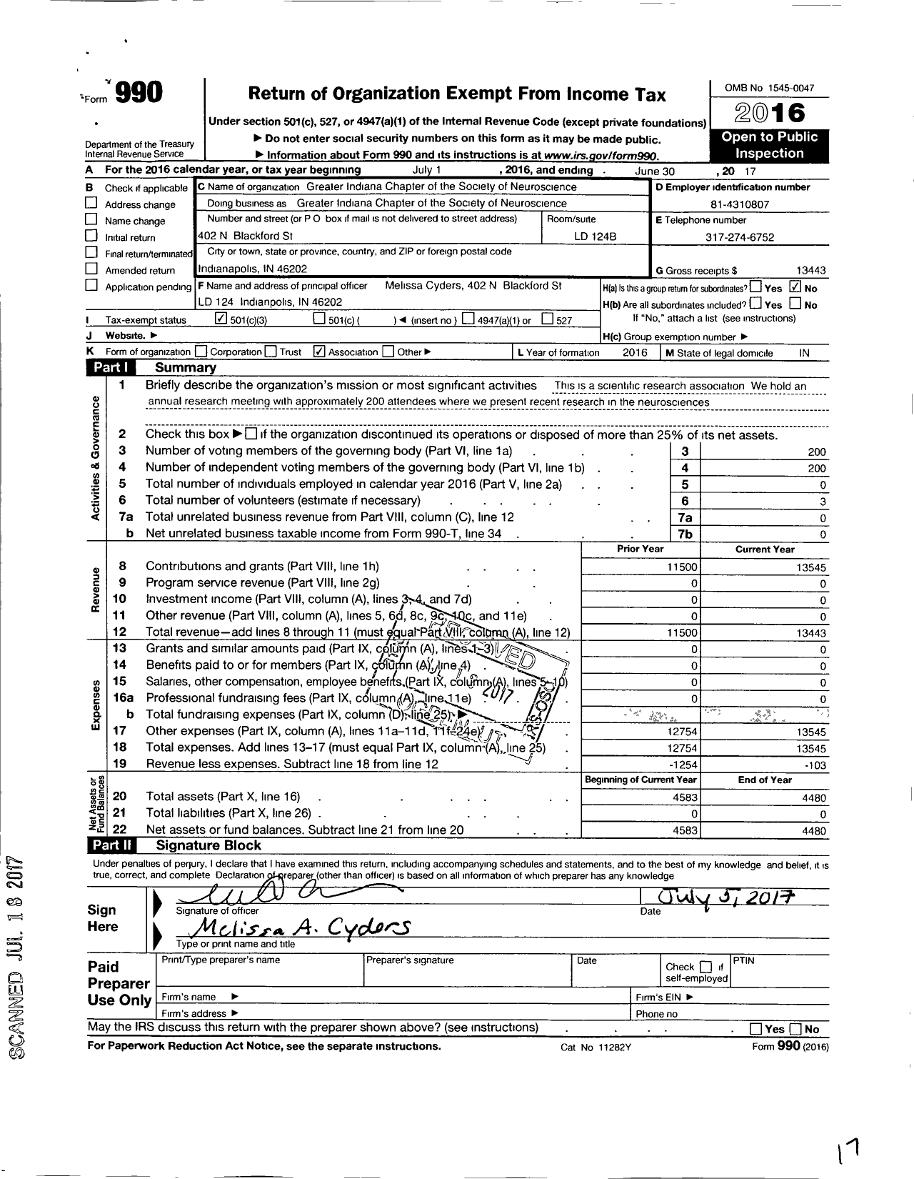 Image of first page of 2016 Form 990 for Society for Neuroscience / Greater Indiana Chapter