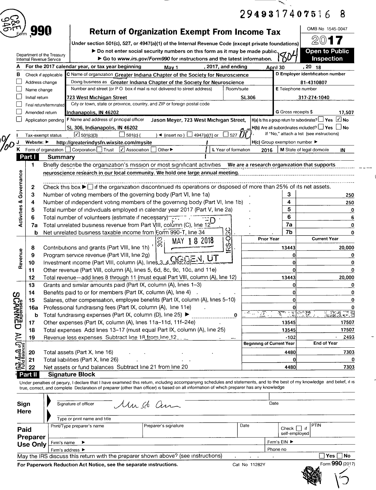 Image of first page of 2017 Form 990O for Society for Neuroscience / Greater Indiana Chapter