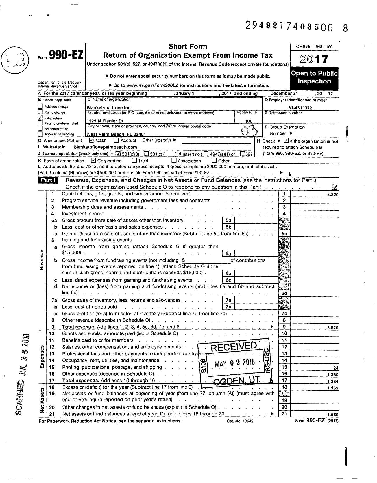 Image of first page of 2017 Form 990EZ for Blankets of Love