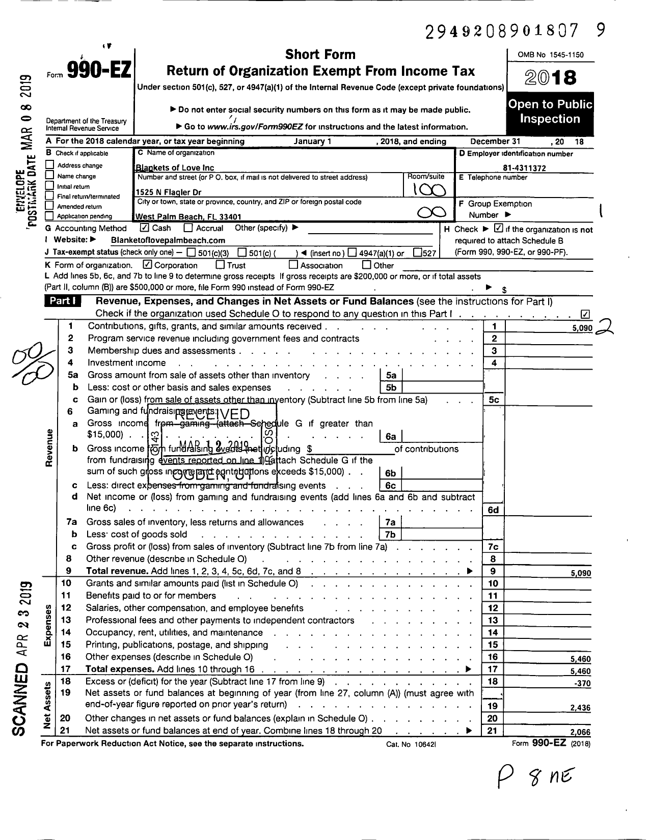 Image of first page of 2018 Form 990EO for Blankets of Love