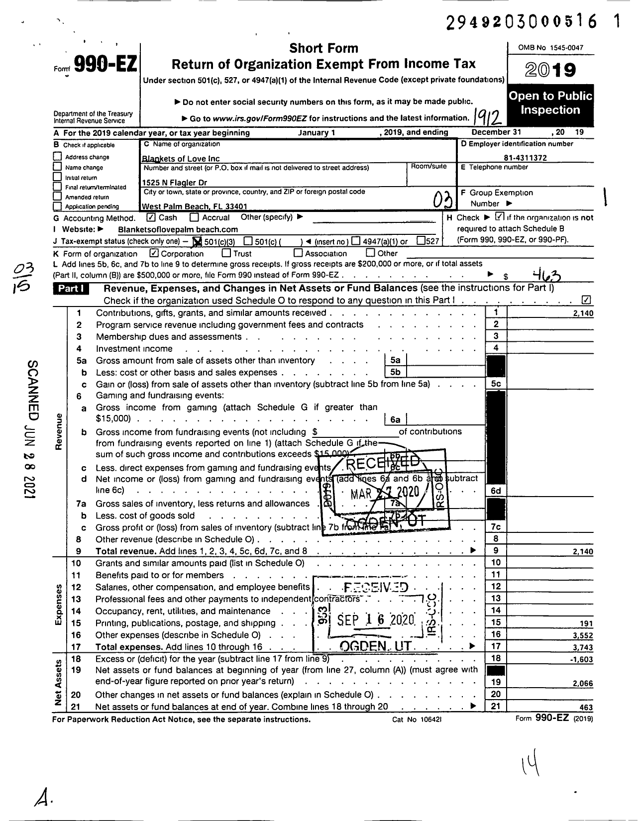 Image of first page of 2019 Form 990EZ for Blankets of Love