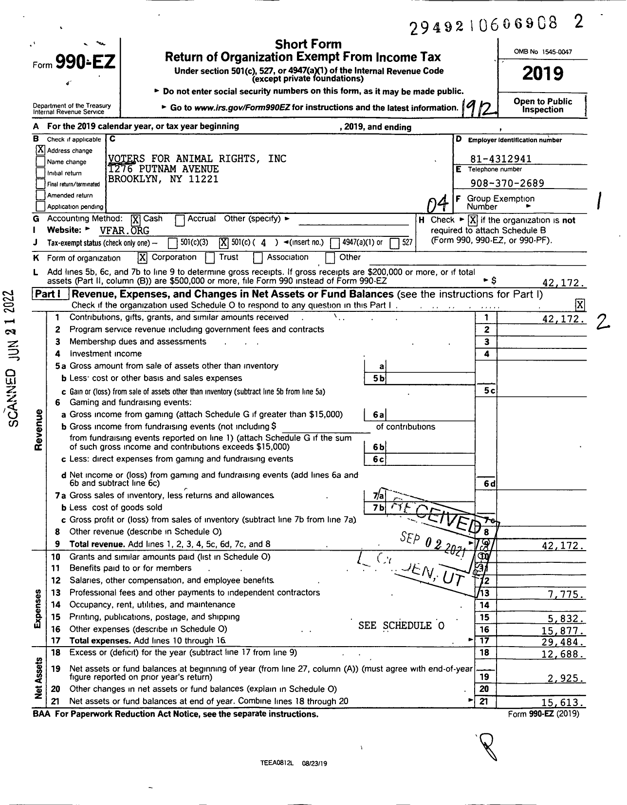 Image of first page of 2019 Form 990EO for Voters for Animal Rights