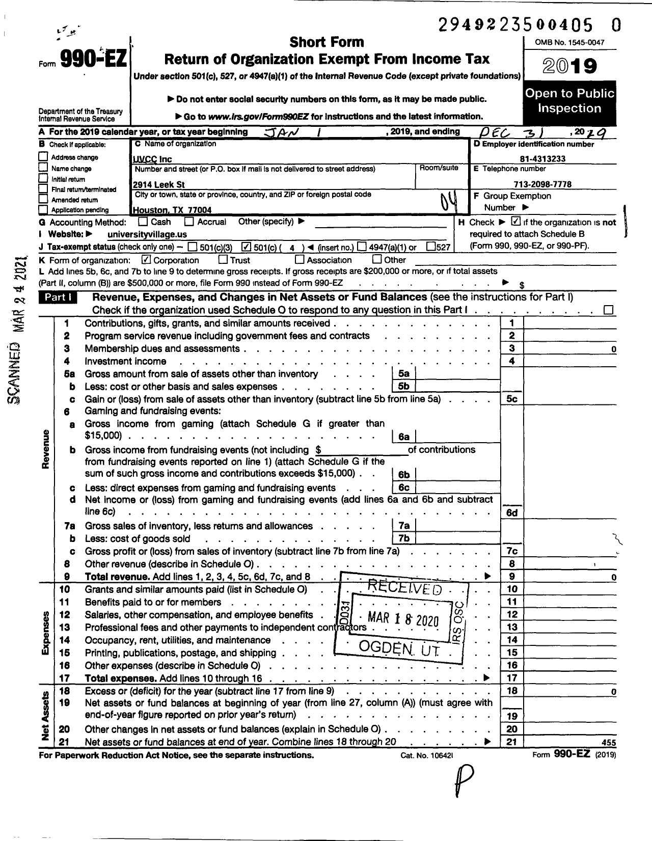 Image of first page of 2019 Form 990EO for Uvcc