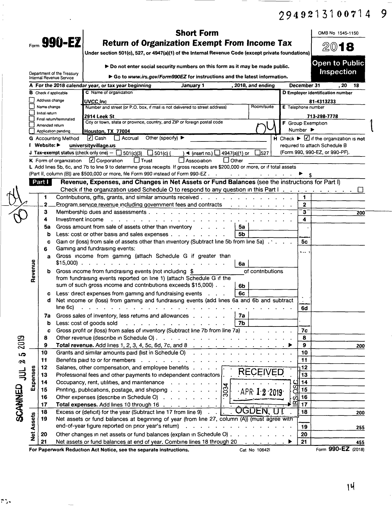 Image of first page of 2018 Form 990EO for Uvcc