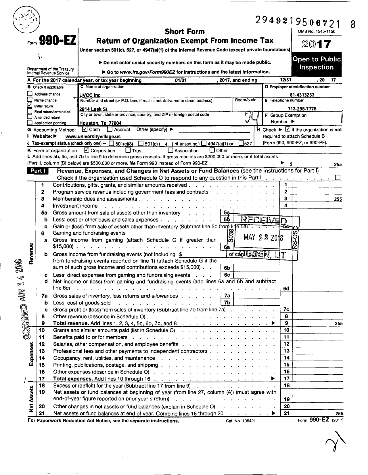 Image of first page of 2017 Form 990EO for Uvcc