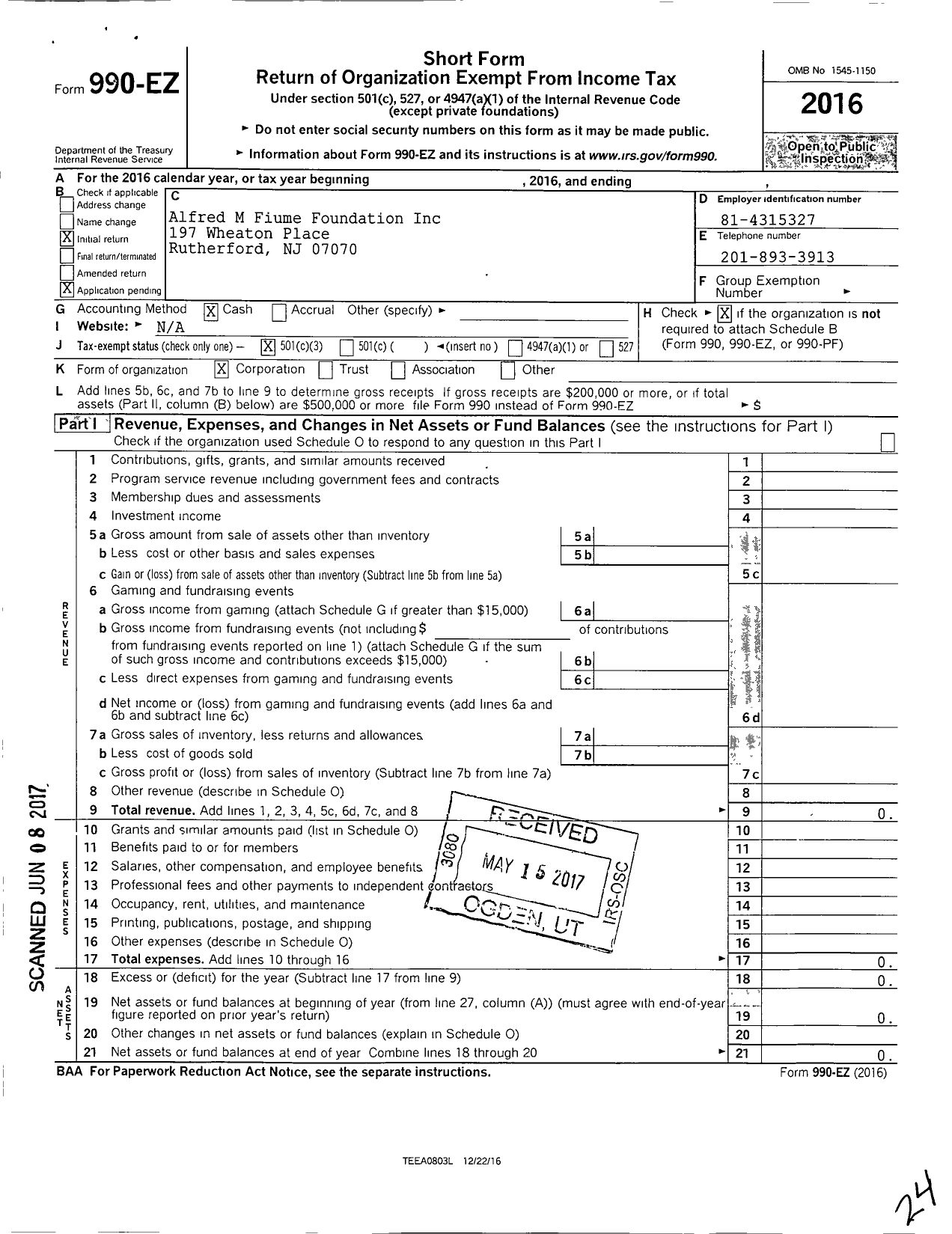 Image of first page of 2016 Form 990EZ for Alfred M Fiume Foundation