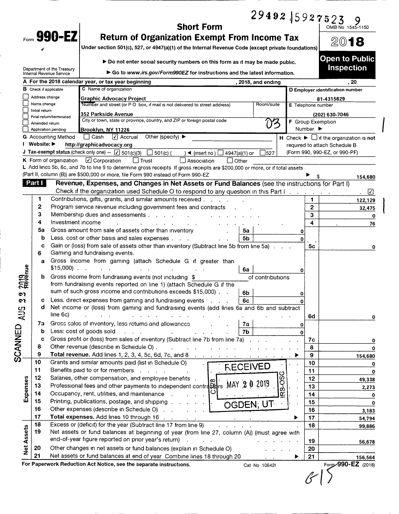 Image of first page of 2018 Form 990EZ for Graphic Advocacy Project