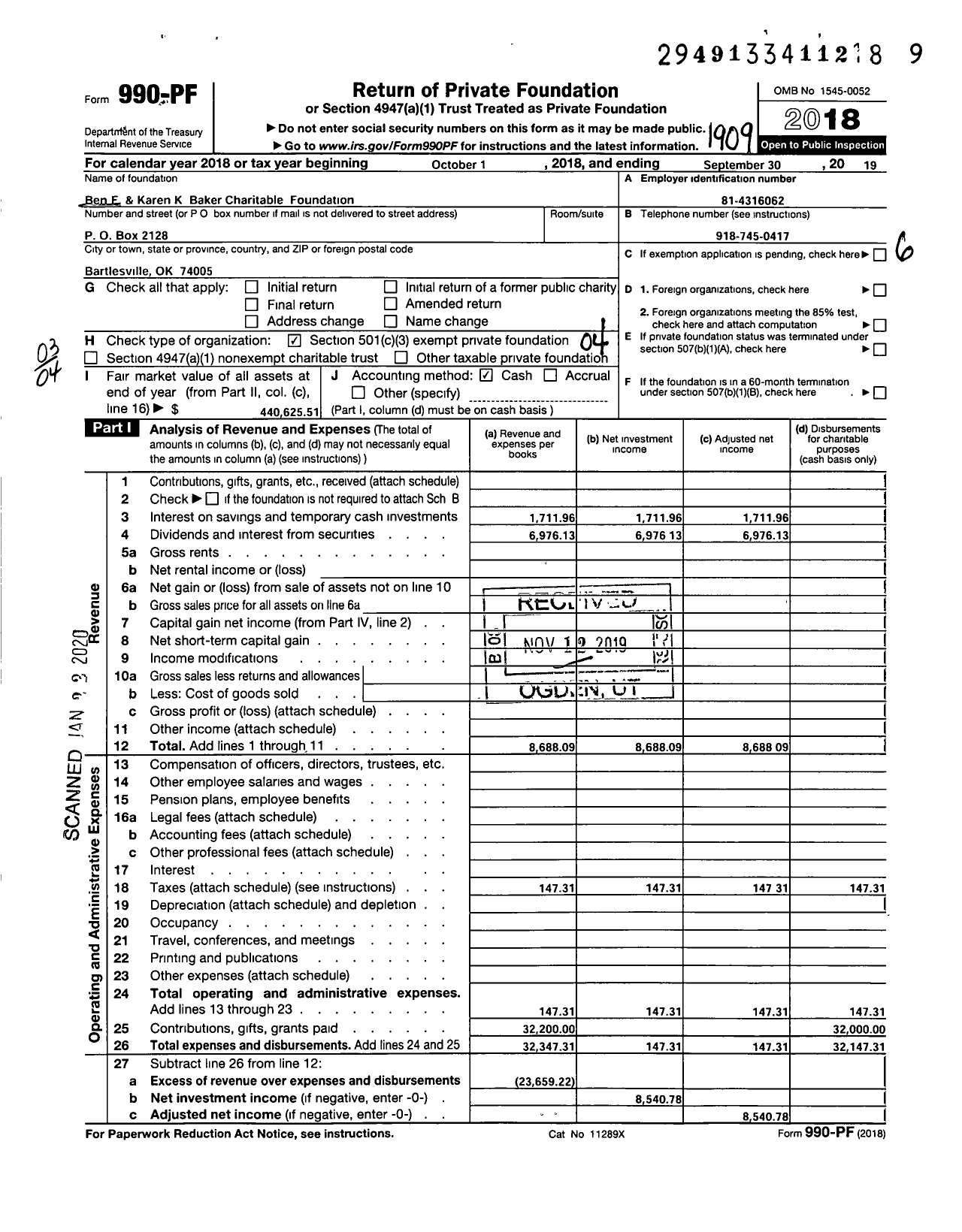 Image of first page of 2018 Form 990PF for Ben F and Karen K Baker Charitable Foundation